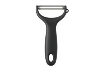 Y peeler kitchen utensil with black plastic handle and stainless steel blade, isolated on transparent background