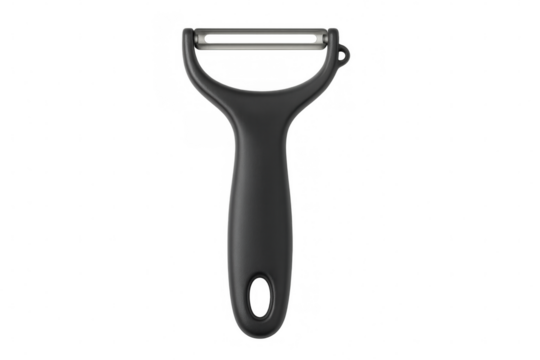 Y peeler kitchen utensil with black plastic handle and stainless steel blade, isolated on transparent background