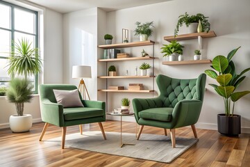 Serene living room with green velvet armchairs and abundant greenery