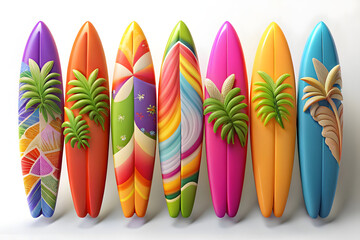 Seven colorful surfboards with tropical plants