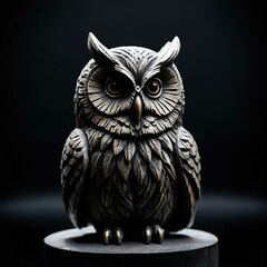 Animal owl concrete statue on black background, centered and detailed