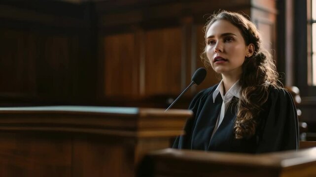 Woman speaks in court of law and justice concept