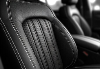 Close-up of luxurious black leather car seat with subtle stitching detail, showcasing comfort and elegance