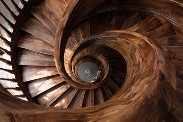 A sweeping, dark-wood spiral staircase descends into a circular landing, showcasing rich grain and elegant craftsmanship