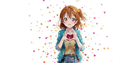 Cute anime girl, light-brown hair, forming heart shape with hands, surrounded by colorful hearts