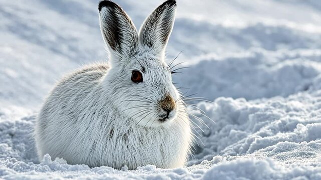 White snowshoe hare nestled in winter snow