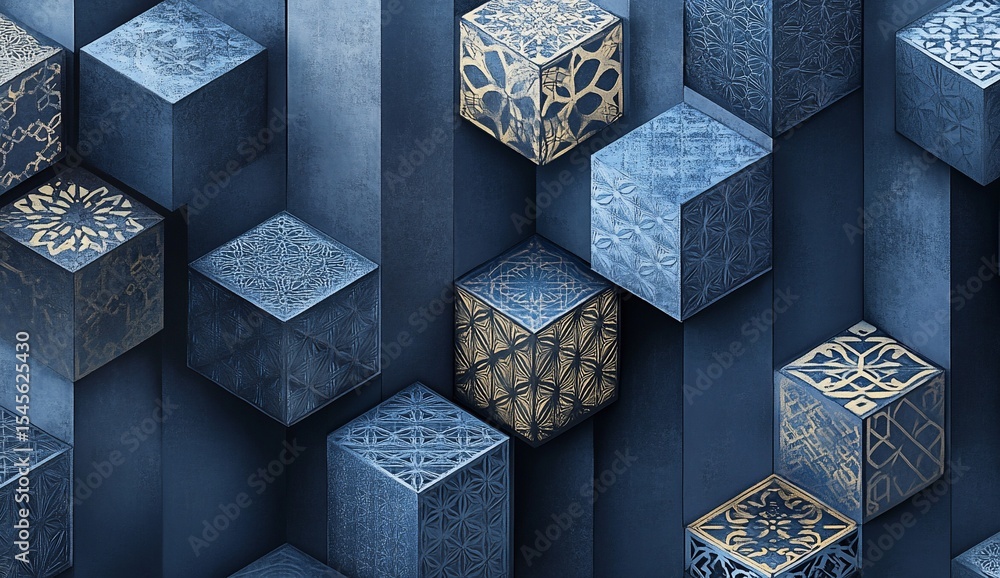 Poster abstract 3d cubes with patterned design, geometric shapes. possible use for wallpaper or digital art