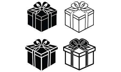 Four variations of a gift box icon present illustration black and white graphic design element