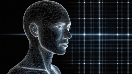 Obraz premium white human face projection hologram on black background, abstract grid technology