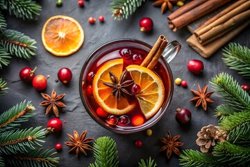 Warm festive mulled wine with spices and citrus garnish