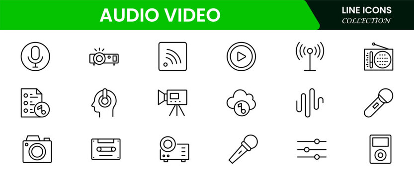 Vibrant vector web line icons depicting audio-video, speakers, cameras, streaming, microphones, and multimedia tools for dynamic content creation.