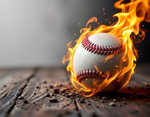a fiery baseball engulfed in flames on the right side, with clear copy space on the left side.