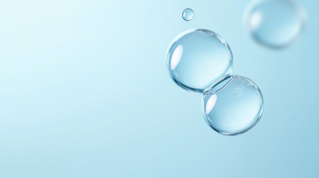 Close-up view of translucent spherical water bubbles in various sizes against a soft light blue background creating an ethereal and tranquil atmosphere
