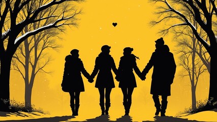 yellow themed winter time silhouette of a couple holding hands showing love to each other