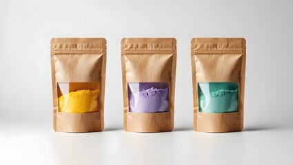 Three paper bags filled with colored powder in yellow, lavender, and teal.