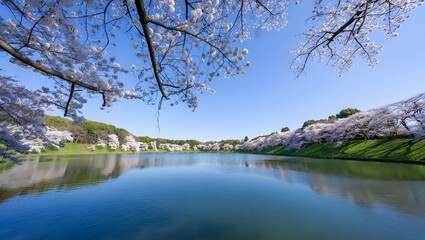 A serene view of a calm lake surrounded by blossoming cherry trees under a clear, blue sky. The trees are in full bloom and create a picturesque landscape, with the lake reflecting the sky and trees