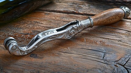 Elegant corkscrew on a rustic wooden table with a bottle of red wine