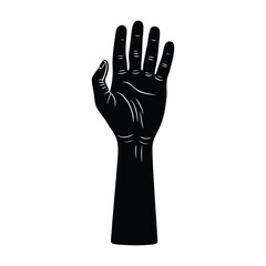 black hand raised up in the air with a white background.