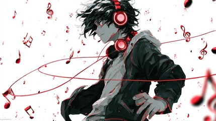 Anime boy with headphones, surrounded by musical notes, in a dynamic pose