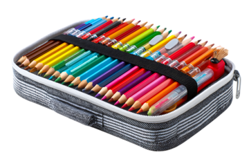 Colorful pencils in a striped case.