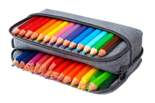 Assortment of colored pencils in a grey case. Back to school supplies.