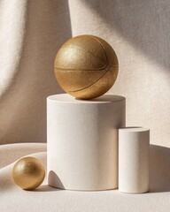 A gold basketball rests atop a larger cylindrical pedestal, accompanied by a smaller gold sphere and a second, shorter cylinder, all set against a beige fabric backdrop in soft sunlight