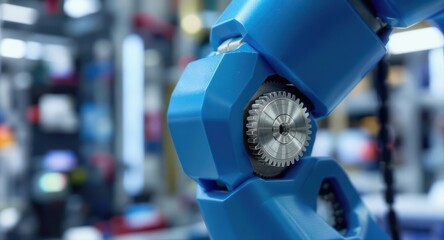 Close up of a blue robotic arm joint with a shiny silver gear in an industrial setting