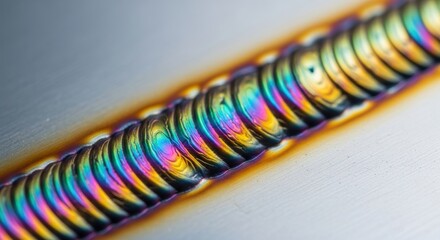 Macro view of a stainless steel tig weld bead with vibrant iridescent colors and precise ripples.