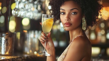 A woman with curly hair holding a glass of champagne at a bar.