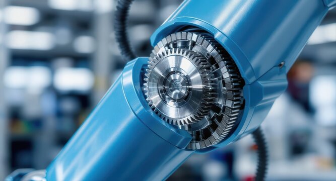 Close up view of a blue robotic arm joint with visible gears in a factory setting