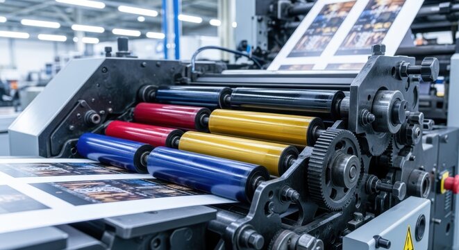 Industrial offset printing press with colorful rollers actively printing in a factory