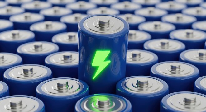 Blue batteries with glowing green lightning bolt symbolizing energy and power