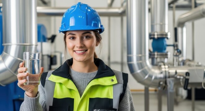 Young woman engineer with clean water glass in a modern industrial facility