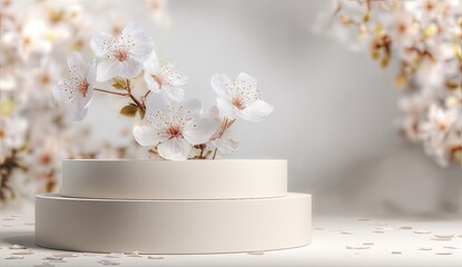 Delicate white blossoms grace a minimalist two-tiered pedestal against a soft, blurred floral backdrop