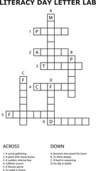 Literacy Day Letter Lab And Crossword Puzzle Educational Activity Worksheet vector