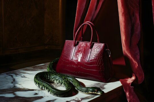 A deep red crocodile-skin handbag rests on a polished marble surface, partially draped in the shadow of a velvet curtain. A green python wraps itself sensually around the bag