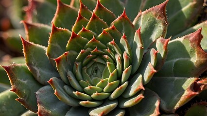 close-up of a thick, waxy succulent leaf, showing its unique texture and subtle reddish-brown tips from sun exposure. Focus on the tight, geometric arrangement of its cells.