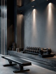 Minimalist home gym with dark grey walls, recessed lighting, weight rack, and adjustable bench