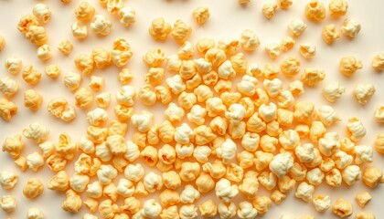 Golden-brown popcorn kernels, fluffy and textured, scattered on a pristine white background,  kernels,  salty