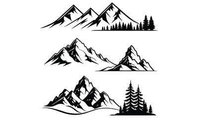 Three unique black and white mountain range illustrations with pine trees