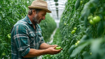 Farmer inspecting a tomato crop in a greenhouse