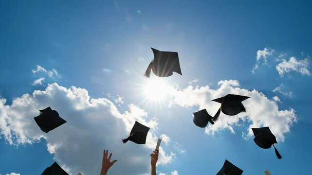 Graduation Caps Tossed Against a Sunny Sky. Graduation background.