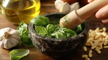 A person using a wooden pestle to grind fresh basil leaves in a mortar, with garlic cloves, olive oil, and pine nuts nearby for pesto