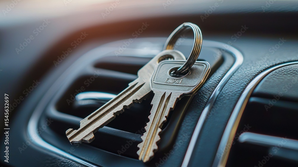 Poster keychain bottle opener on a set of keys placed on a car dashboard