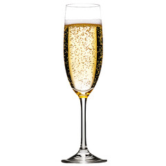 A glass of sparkling champagne with rising bubbles against a white background