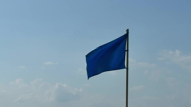 A blue flag against a backdrop of palm trees develops in the wind. Swaying blue flag against the background of the sea and palm trees. Medium level of danger. A strong wind is blowing. Flag on the coa