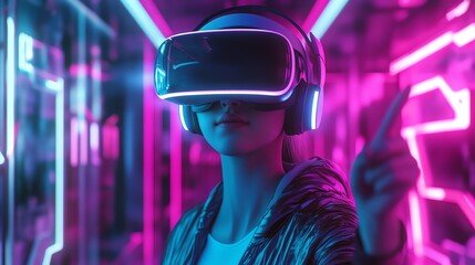 A photo-realistic depiction of a gamer wearing a virtual reality headset, surrounded by immersive AI gaming technology and vibrant neon lights.