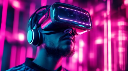 A photo-realistic image of a gamer wearing a virtual reality headset, showcasing immersive AI gaming technology with vibrant neon lights.