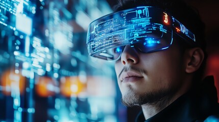 A young adult immersed in augmented reality glasses, showcasing futuristic technology with digital overlays in a vibrant environment.