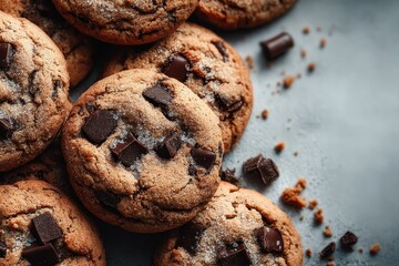 Fototapeta premium Deliciously Scattered Chocolate Chip Cookies with Crumbs on a Gray Surface Top View